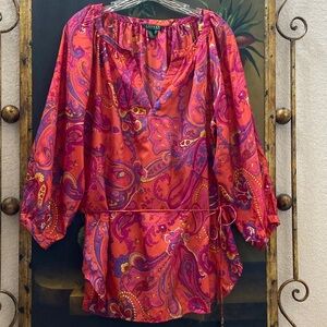 Ralph Lauren 100% Silk Paisley Blouse w/ Metal Shell Tie String, P2P 23 in. NWOT
